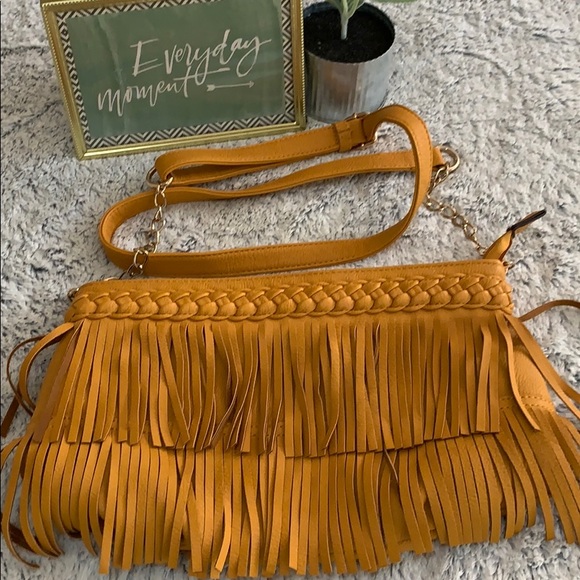 Melie Bianco Handbags - Melie Bianco yellow fringe vegan leather purse bag
